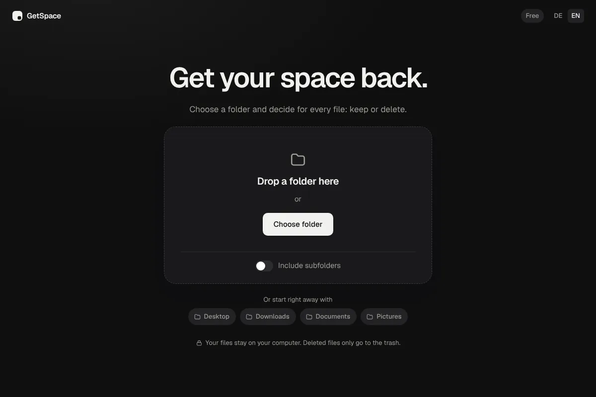 GetSpace start page with the area for dropping a folder