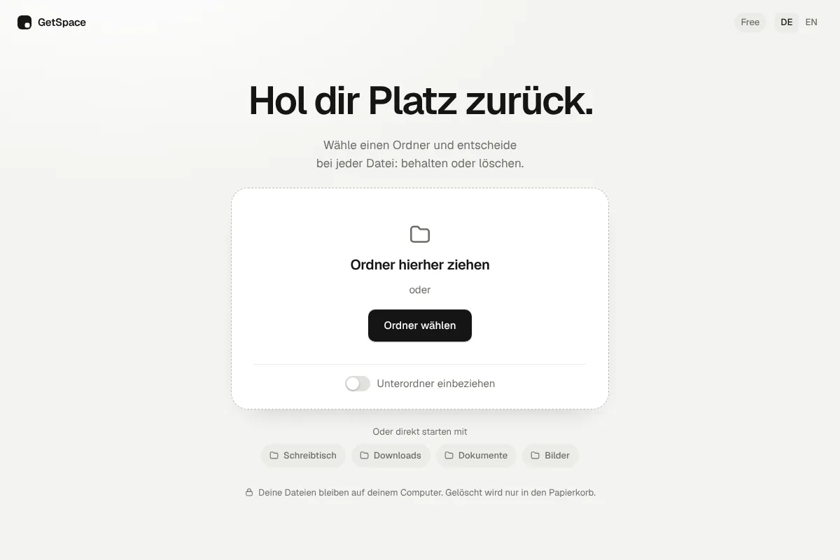 Startseite von GetSpace mit dem Feld zum Ablegen eines Ordners